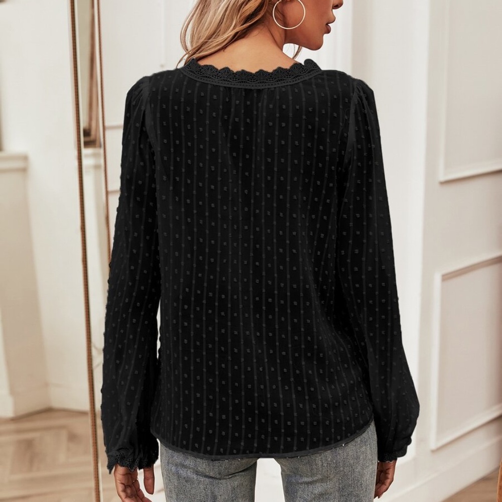 Black v neck swiss dot sheer long sleeve top - Picture 9 of 11